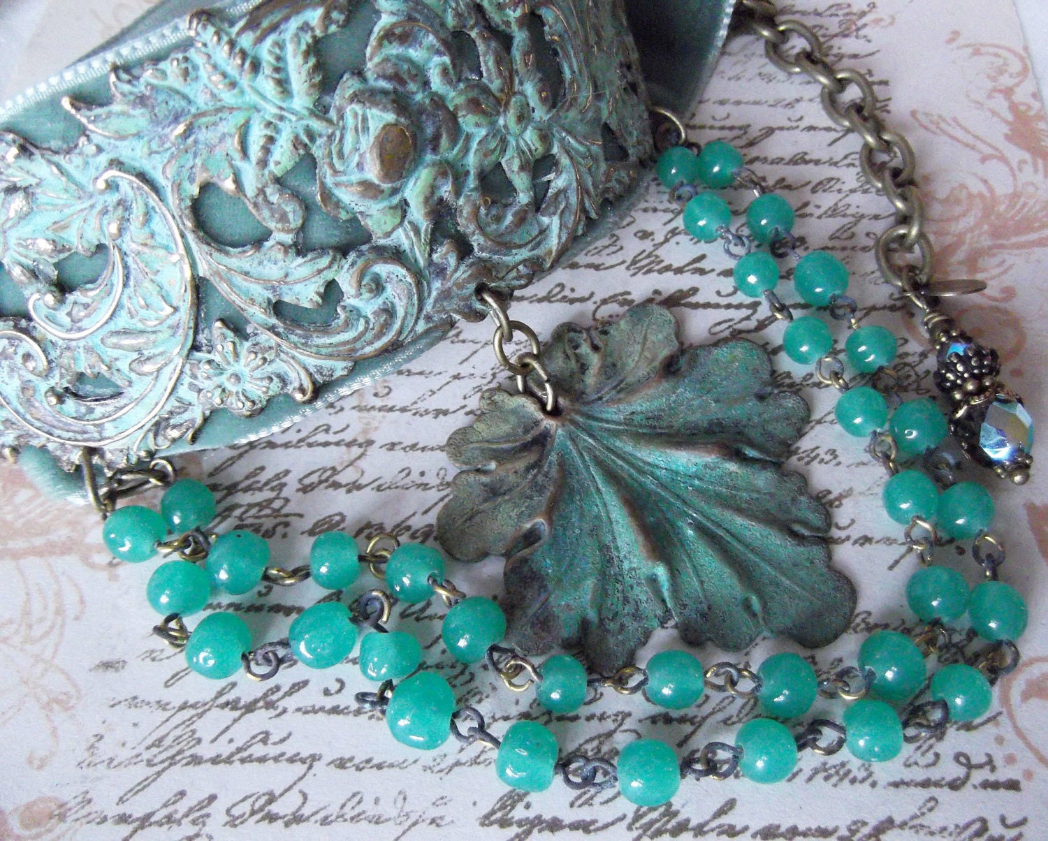 Verdigris Filigree Brass, Velvet Choker with Fig Leaf & Vintage Jade Green Glass Rosary Chain