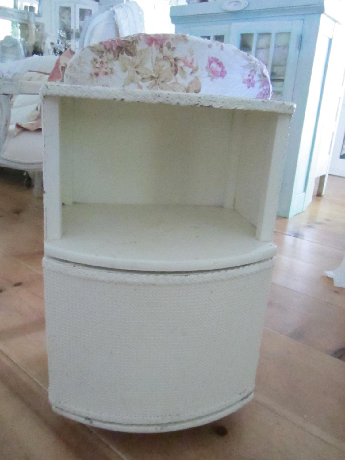 SALE Vintage chippy painted white wicker and wood  cabinet cupboard cottage chic shabby chic prairie