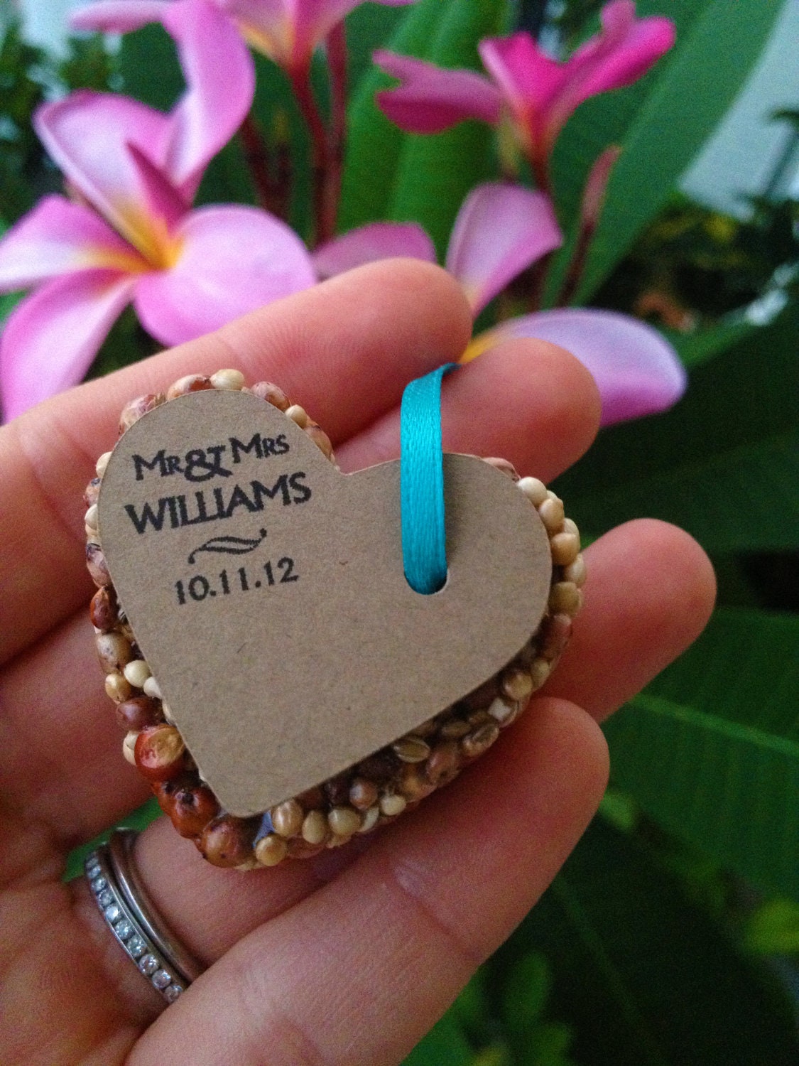 12 petite bird seed hearts with personalized tag, birdseed wedding favor, love birds