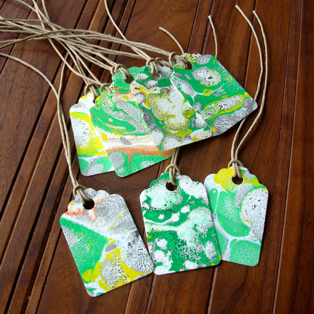 Handmade Marbled Paper Gift Tags Blank Upcycled Green Pack of 10
