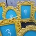 8 Vintage Style TABLE NUMBERS - mini ornate - easel back -Choose the Color - wedding reception sign