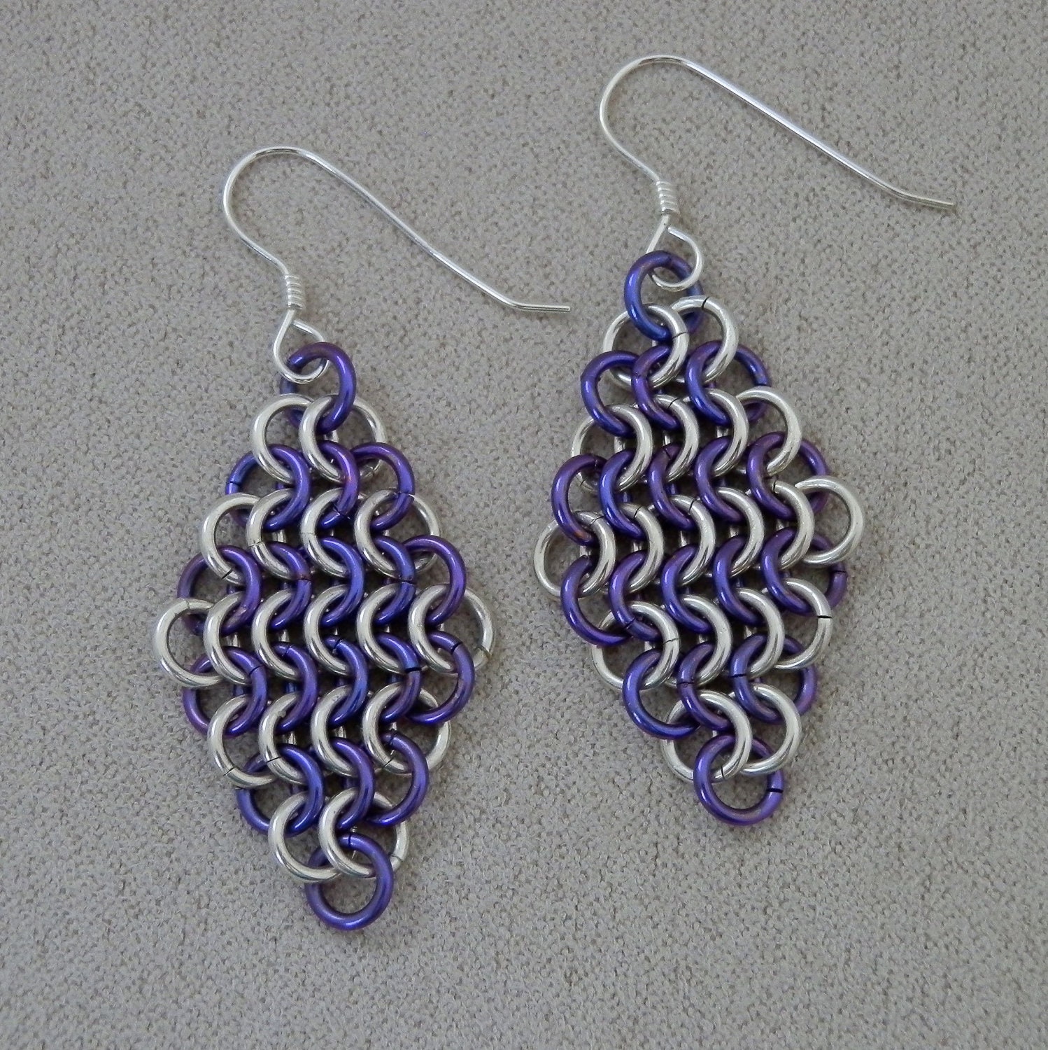 Earrings, Chainmaille, Sterling Silver and Purple Diamond Dangles in European 4 in 1 Weave, Handmade by Lace Metal on Etsy