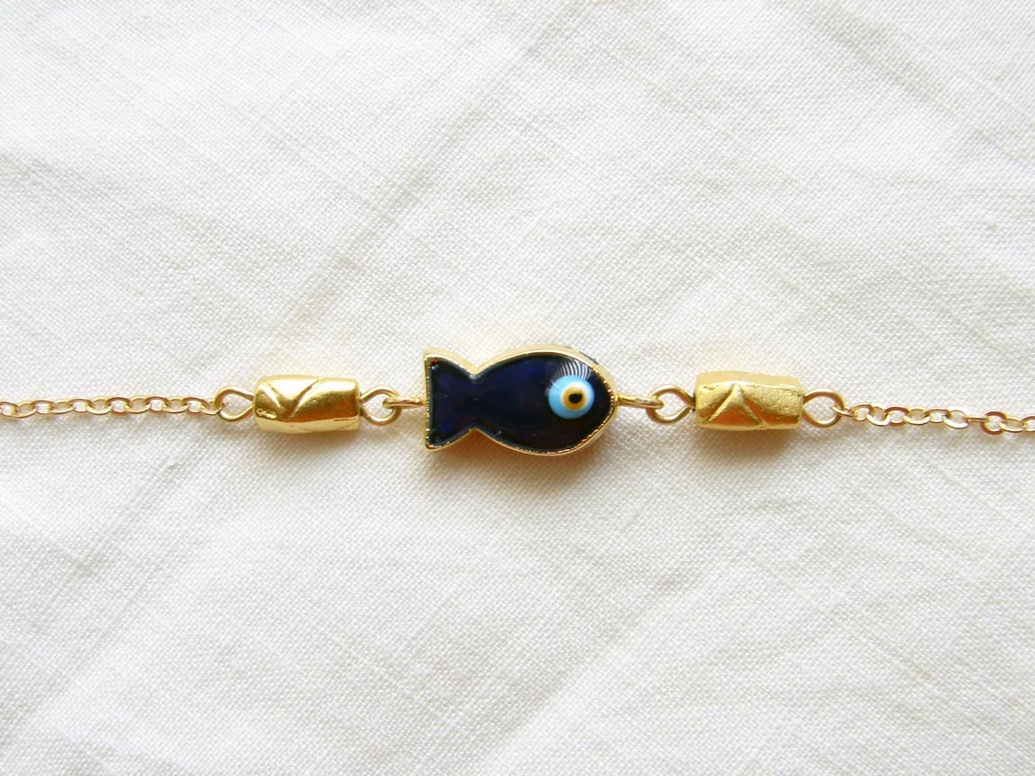 Little Blue Fish with Lucky Evil Eye Bracelet. Enameled Blue Fish with Matte Gold Beads. Simple Modern Jewelry by smallbluethings