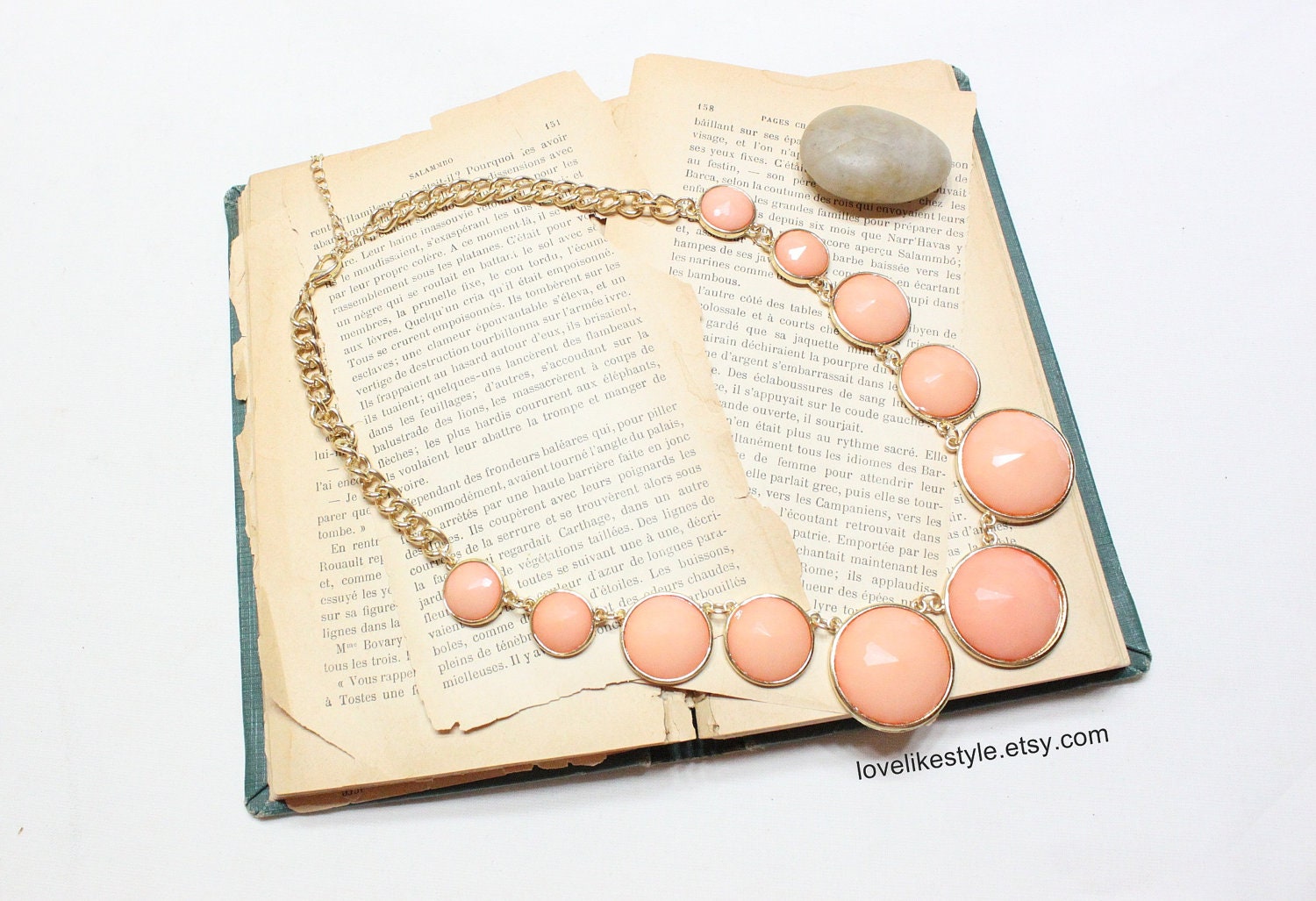 Peach Color Stone Gold Chain Statement Necklace , Bib Necklace, Girls Necklace