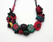 Colorful statement fiber necklace, crochet, felt, handwoven, fabric buttons, OOAK