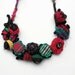 Colorful statement fiber necklace, crochet, felt, handwoven, fabric buttons, OOAK