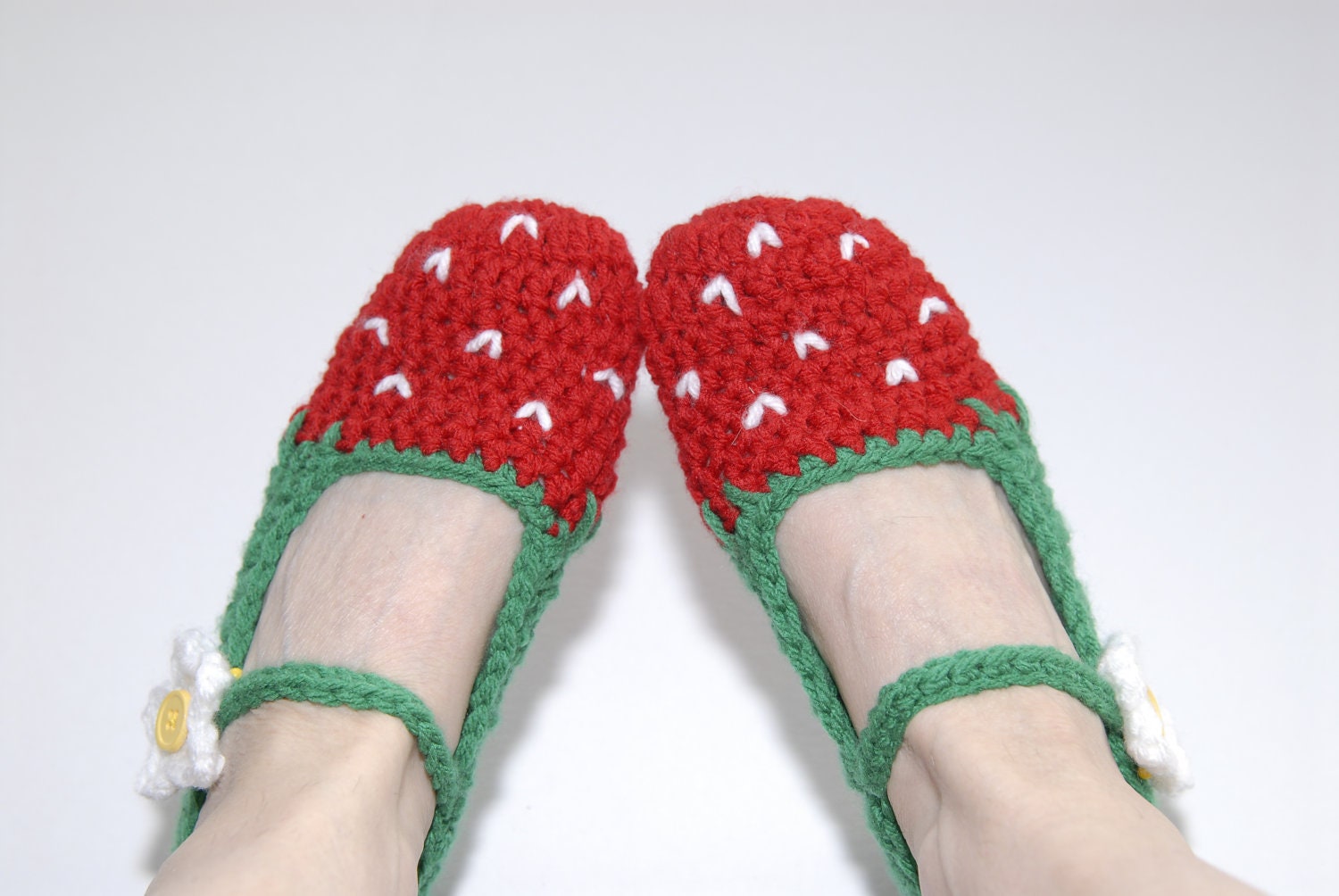 Crochet Strawberry Slippers- Kawaii- Red and Green- Women Slippers