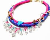 RubyPoison, Neon Statement Necklace, tribal necklace, ropes with studs chains and hand painted rhinestones. OOAK
