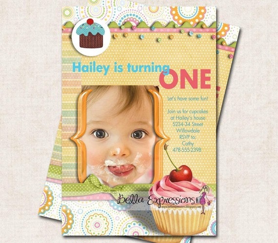 Cupcake Birthday Party Invitation, pink orange green, digital file, you-print