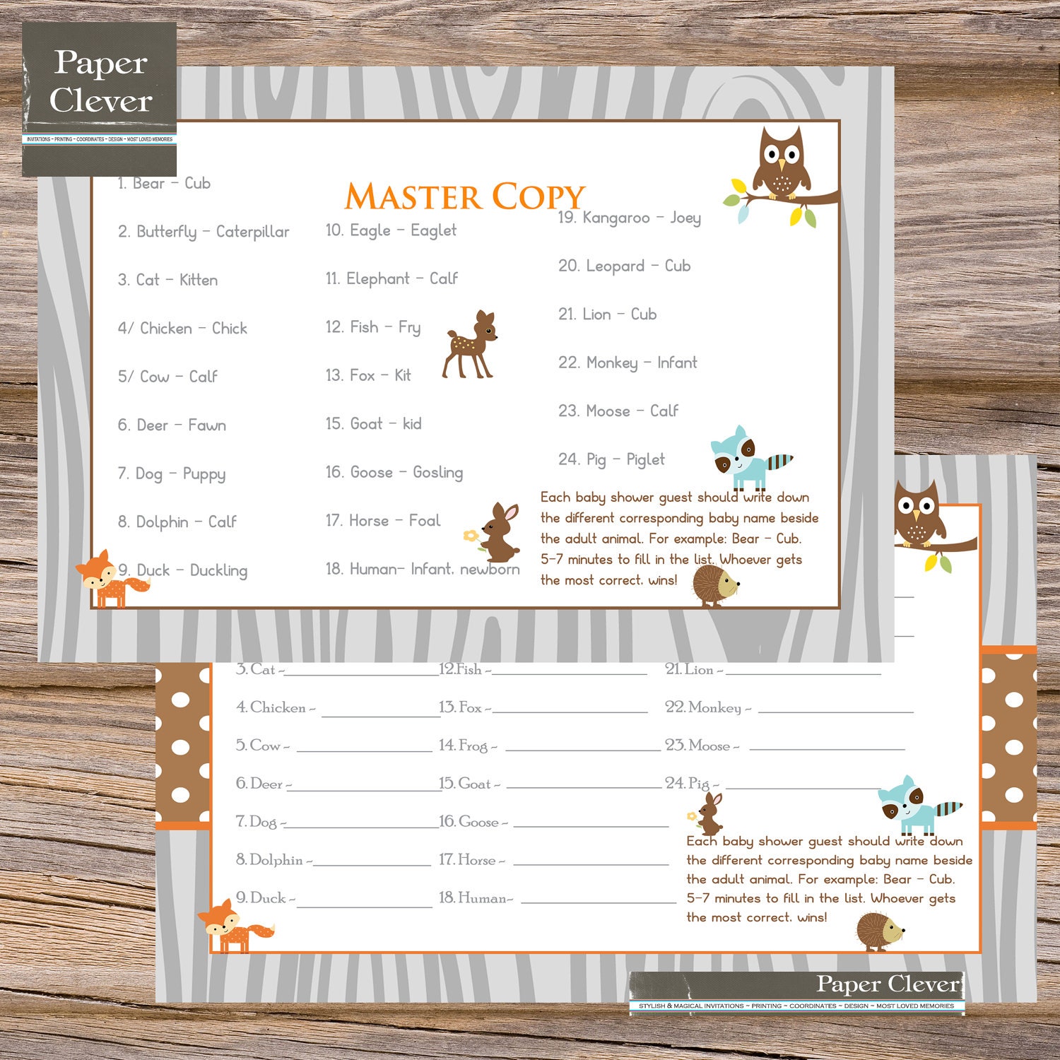 Woodland Animal Baby Shower Game baby animal match -INSTANT DOWNLOAD,printable