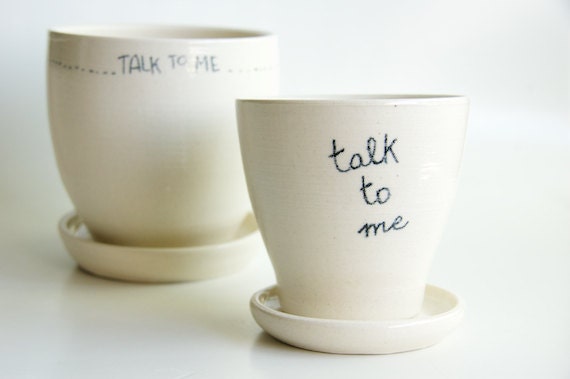 White Planter and Saucer, Message, Comics, Bubble Speech, Pottery by RossLab (made to order)