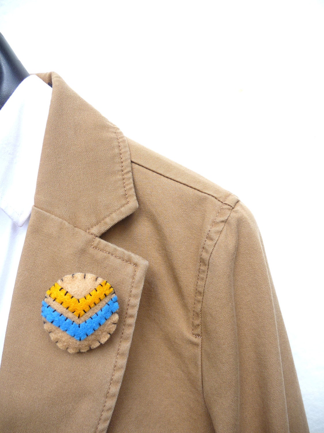 SALE Chevron brooch medallion with blue and mustard