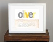 Personalized Nursery Art Print with Custom Name Origin - modern nursery decor, yellow and gray neutral nursery - baby shower gift - 8 x 10