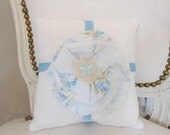 Decorative pillow, linen pillow, cornflower blue floral and star fabric flower