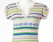 60s Vintage Shirt Top Sweater Stripes T-Shirt Green Pink Blue XSmall Small