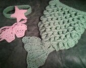 Baby Mermaid Set 3-6m Starfish Headband Shells Tail Cape Honeydew Baby Pink - Hat Crochet Outfit Newborn Boy Girl Halloween Photo Prop