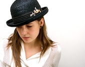 Black Straw Braid Bowler/Derby Hat- Hand Blocked- Womens- Medium