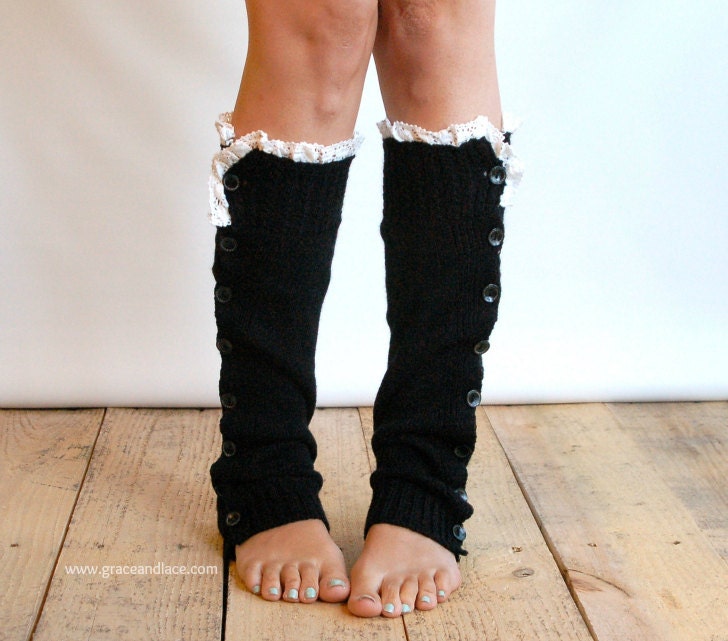 SALE SALE The Miss Molly - Black Slouchy Button Down Leg warmers w/ Knit Lace trim - Legwarmers (item no. 7-2)