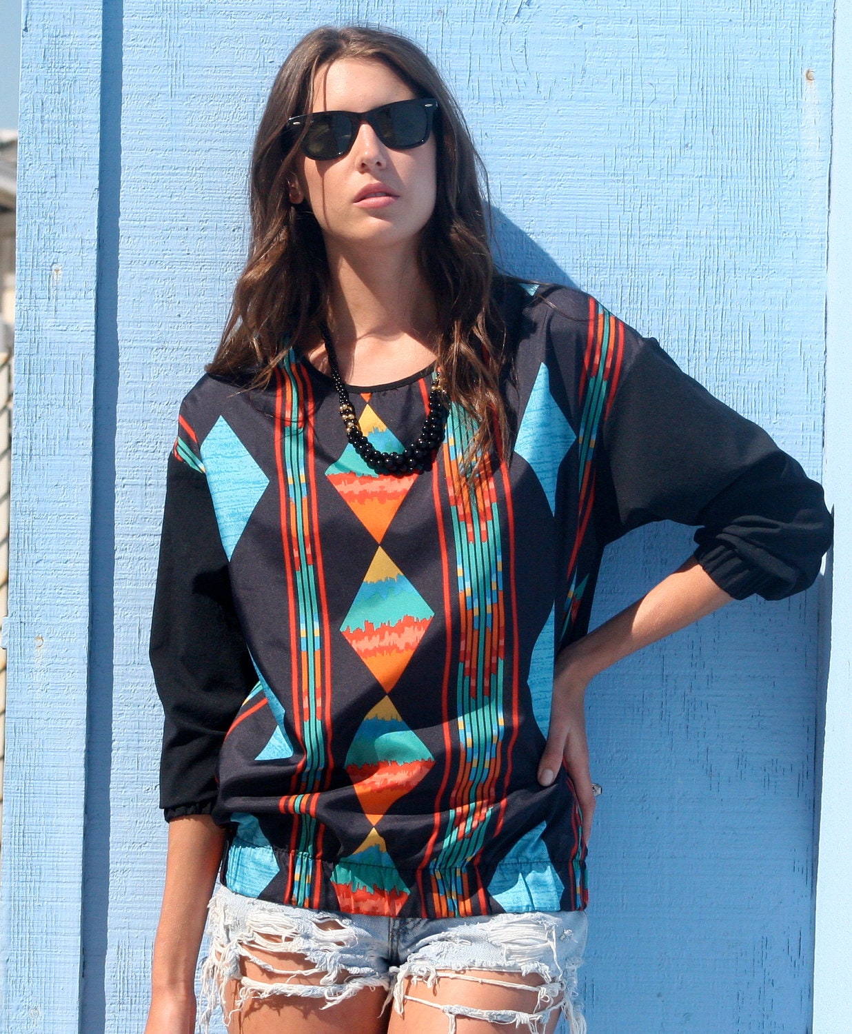 Vintage 80's Pull Over Blouse Water Coloured Patterned Long Sleeved