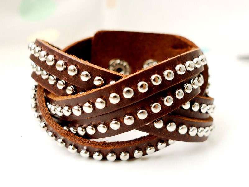 Brown Leather Studded Silver Rivets Weaving Wrap Bracelet