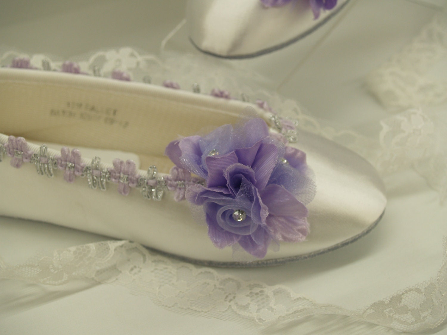 Wedding Shoes FlowerGirls Ballerina Slippers Ivory Purple with silver accents