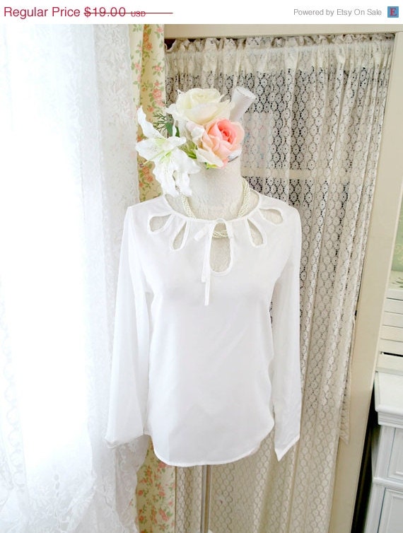 10% OFF SALE White Chiffon Blouse Top -  Simply Romantic Keyhole Tie Neckline Blouse