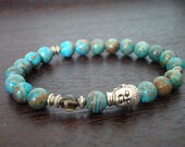 Women's Balancing Buddha Mala Bracelet  - Blue Crazy Lace Agate & Smoky Quartz Bracelet - Yoga, Buddhist, Jewelry, Prayer Beads