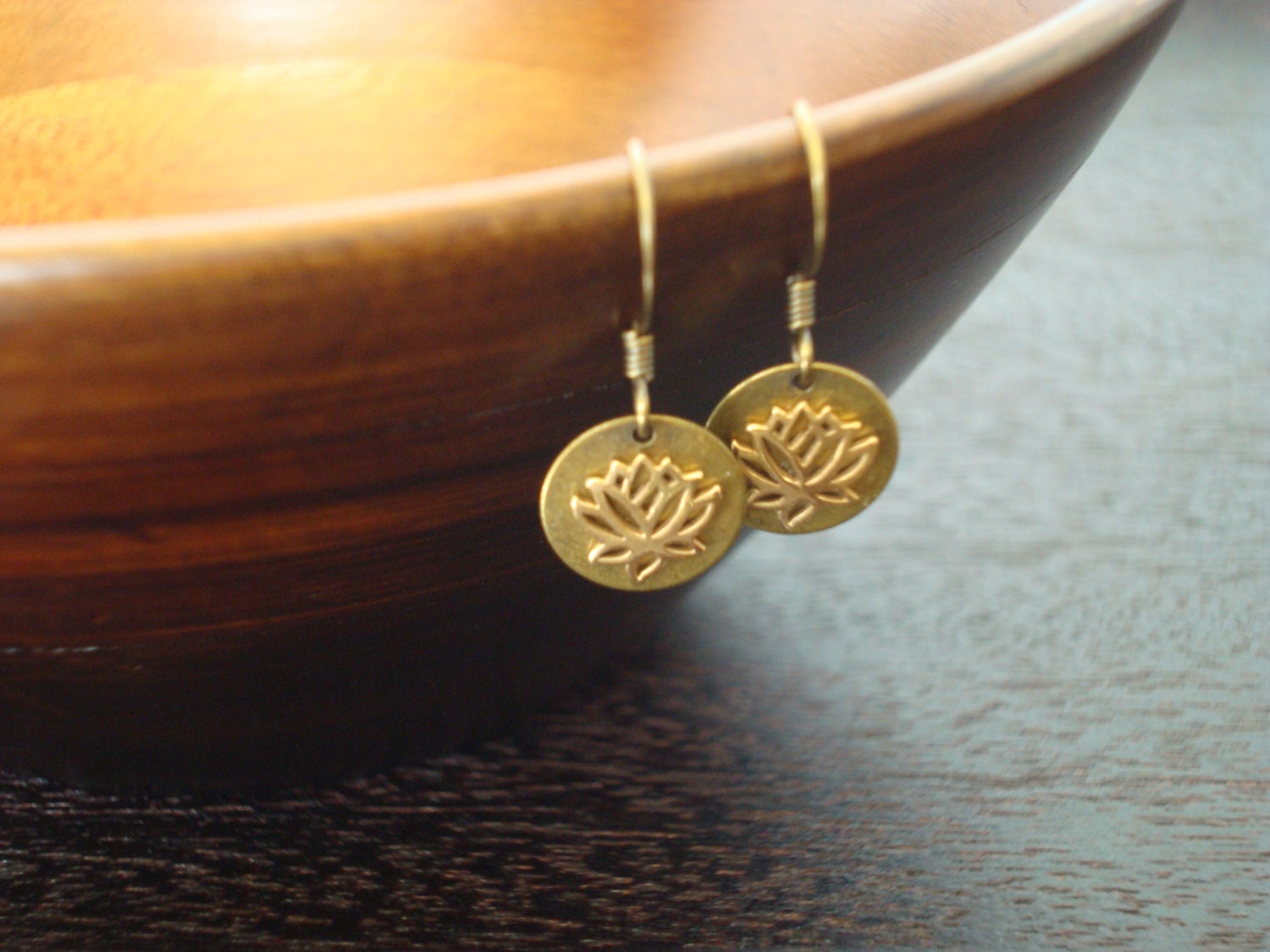 Lotus Earrings - Handmade Bronze Lotus on Brass Earrings - Yoga, Buddhist, Women, Jewelry, Earrings