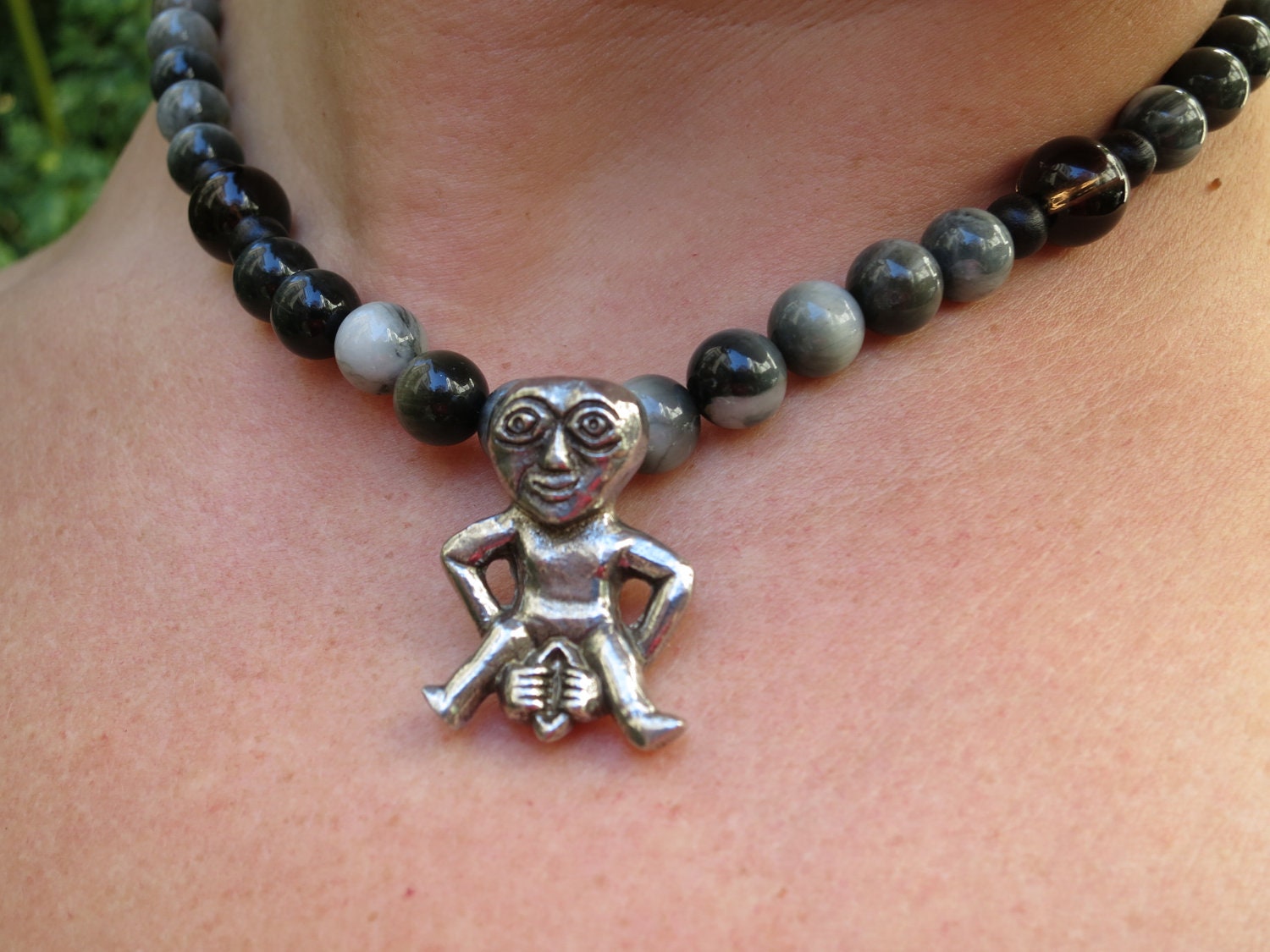Sheela-Na-Gig Goddess Rosary necklace with Smoky Quartz, Labradorite and wood