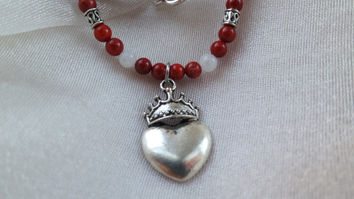 Sacred Heart Rosary Necklace with red coral and moonstone