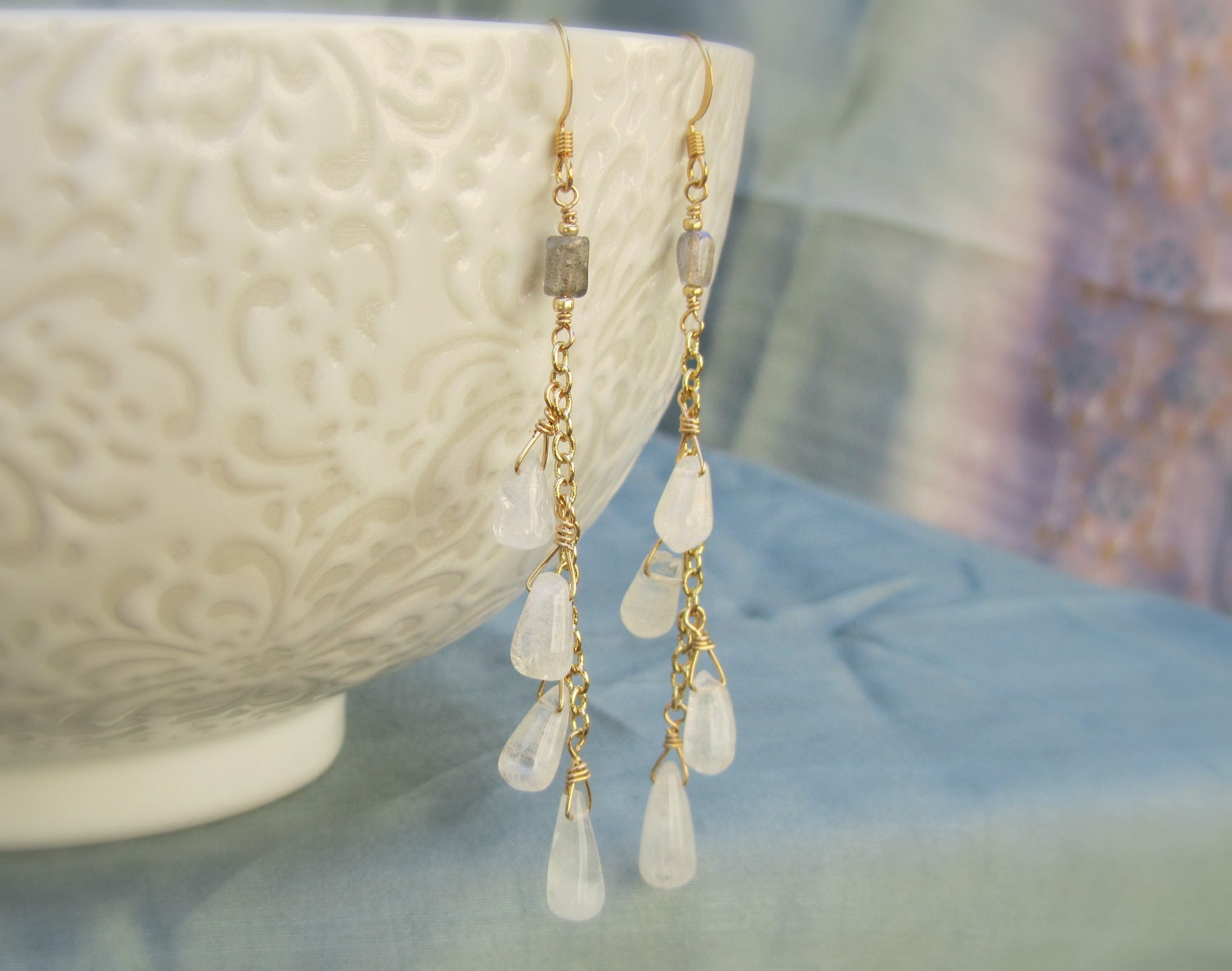 moonstone rain drop earrings on gold plated chain
