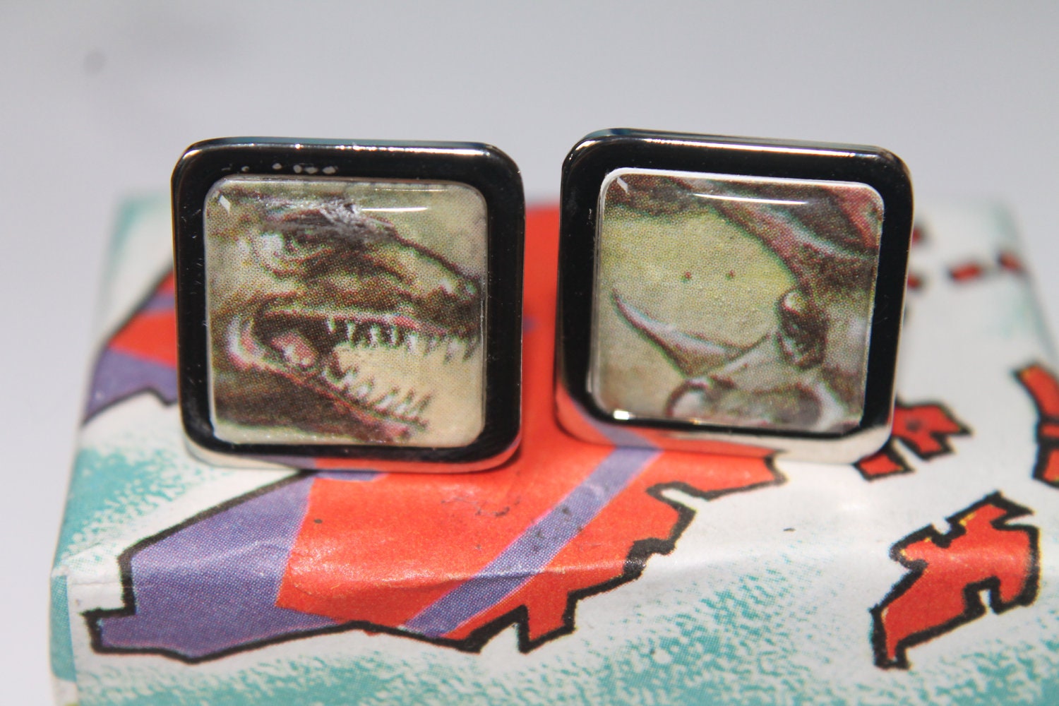 Dinosaur Cufflinks // T.Rex and Triceratops//  Recycled textbook cufflinks