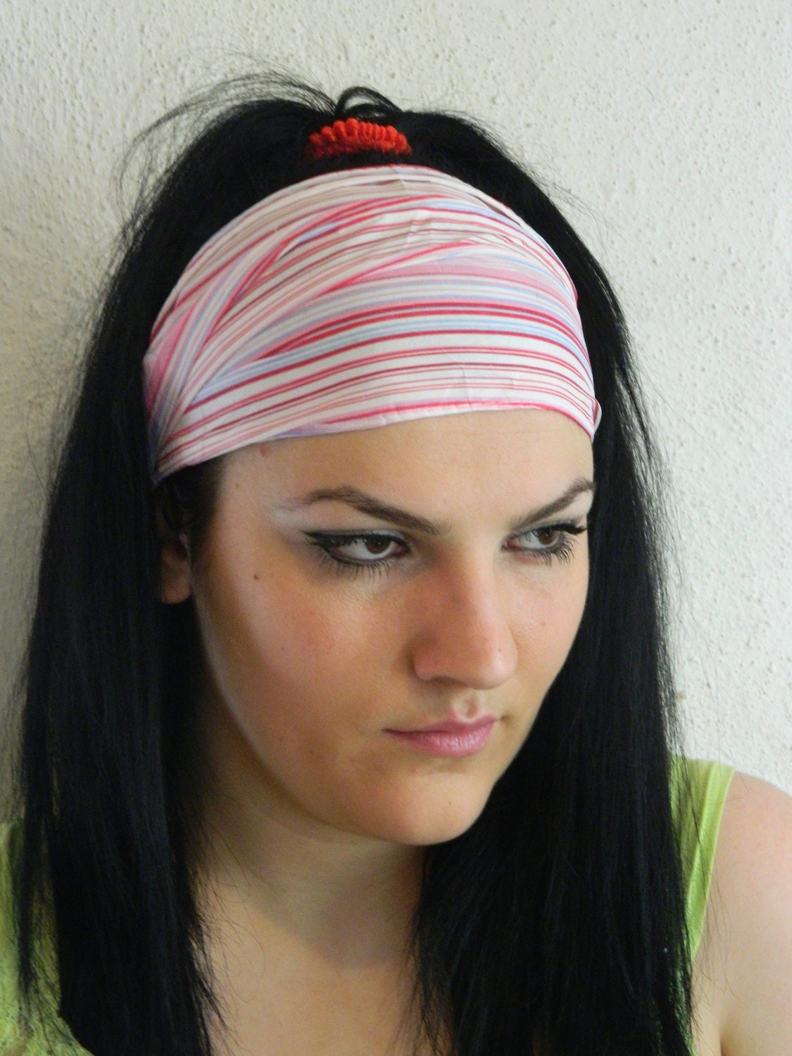 Pink White Stretchy Headband - Striped Fabric Womens wide hair band urban turban head wrap headband