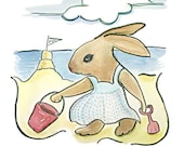 Rabbit Rabbit Builds a Sandcastle - a summery print from Lisa Firke