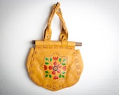 1970s camel leather painted tooled purse