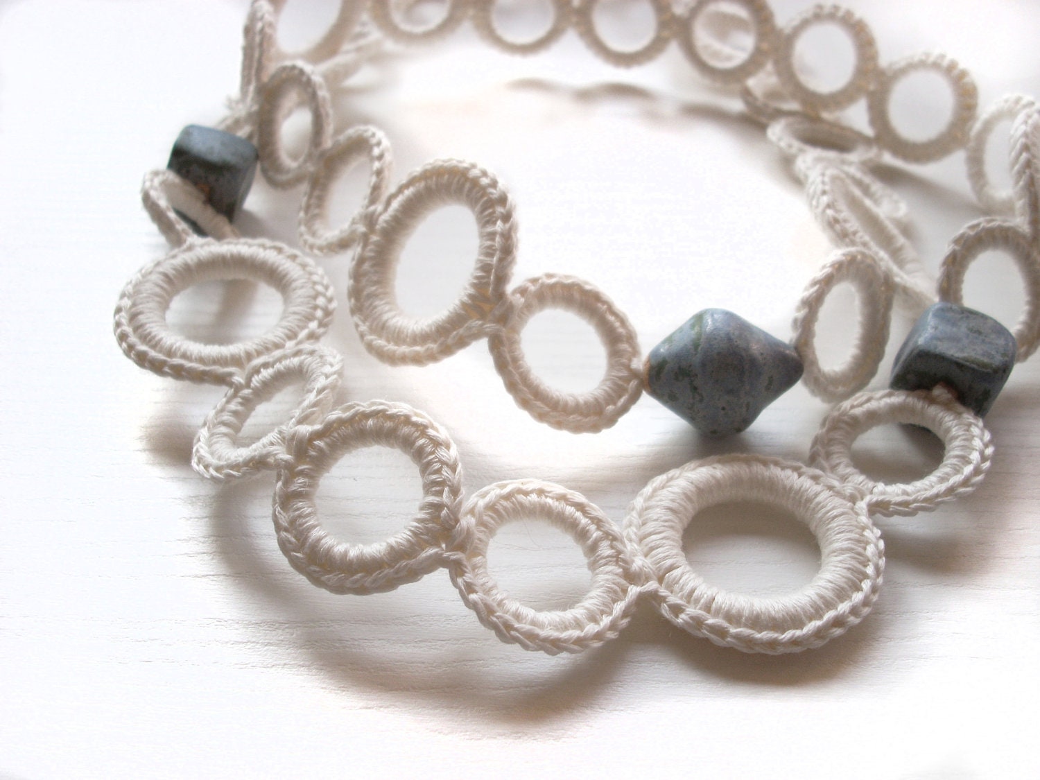 White necklace silk-linen crochet with dusk blue ceramic beads
