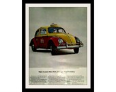 VOLKSWAGEN Beetle Bug Taxi Cab Ad, Vintage Advertisement Wall Art Decor Print