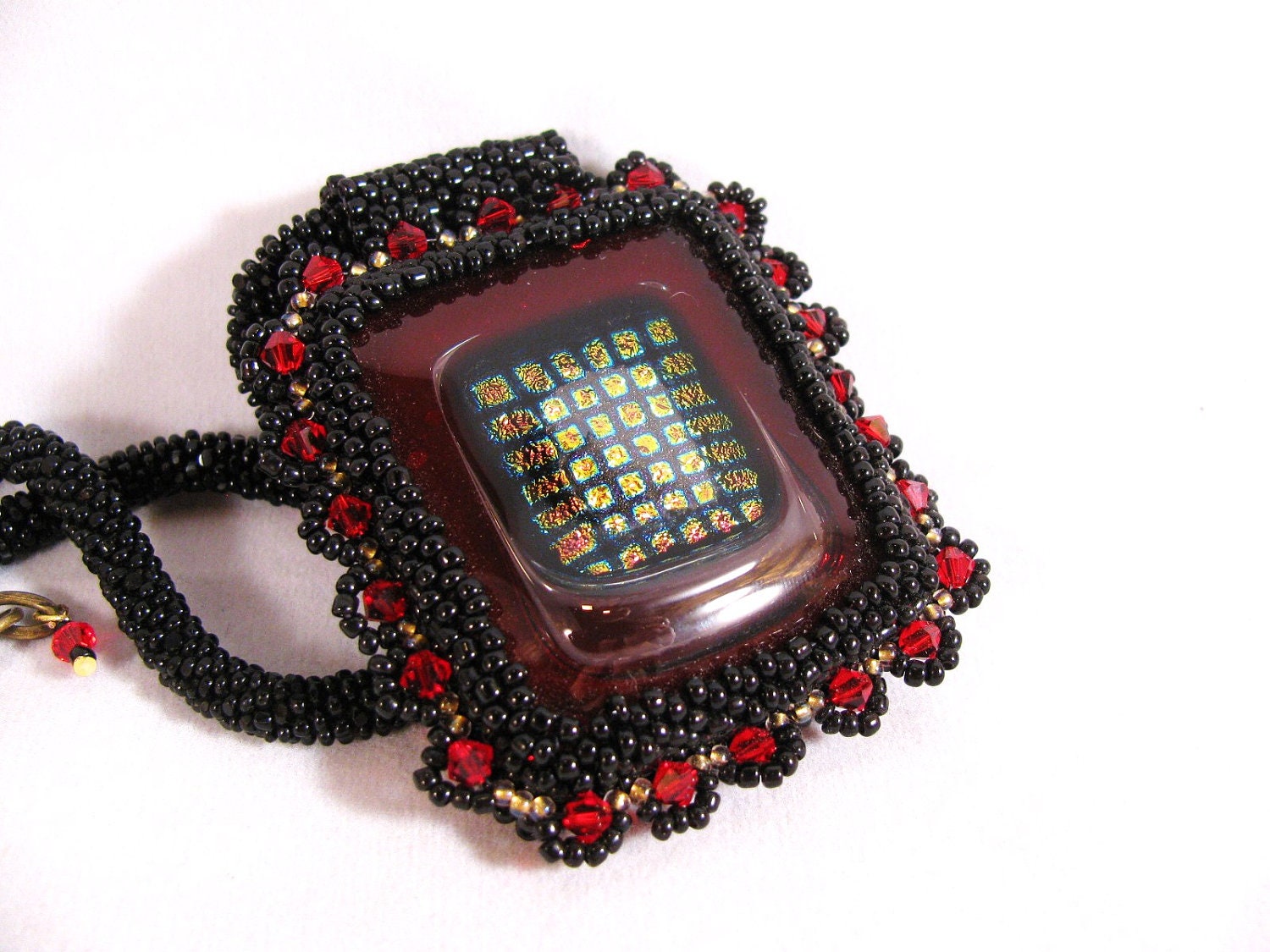 SALE 10% Off Bead Embroidered Necklace Red Black gold Glass Beaded Beadwork Dichronic Glass OOAK