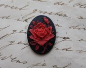 6 unset rose cameos - Red on black - 25x18mm