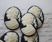 5 unset lady cameos - Ivory on black - 30x40mm