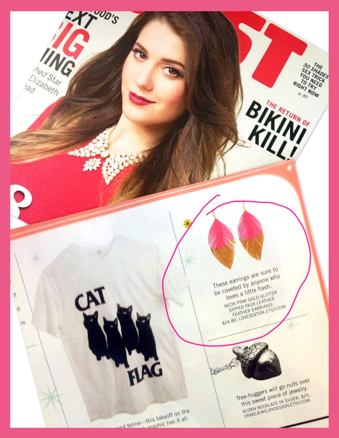 Featured In BUST Magazine -- Neon Pink Gold Glitter Dipped - Faux Leather Feather Earrings - Surgical Steel Available
