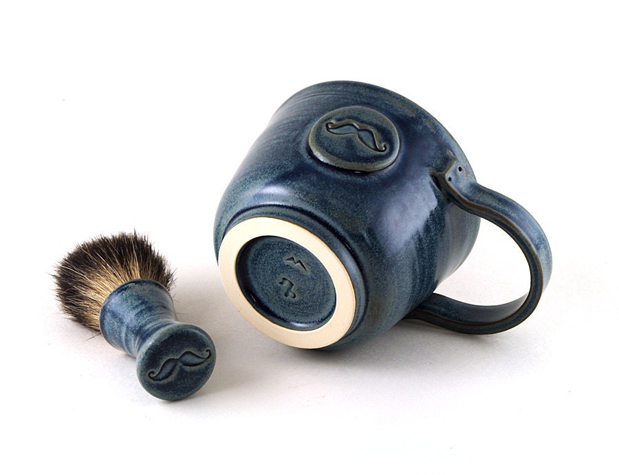 Mens Shaving Set, Blue Mustache Shave Mug, Black Badger Hair Shave Brush and Shave Soap, Shaving Bowl, Gift for Men, Best Man, Father's Day