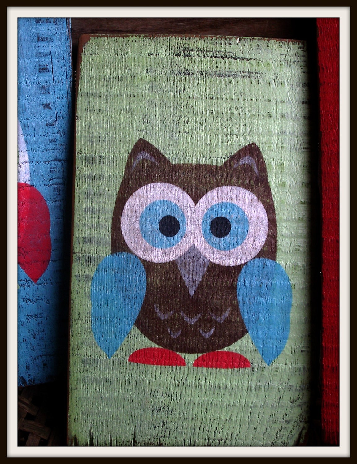 Rustic HOOT OWL trio of hand painted, barn wood sign's. Nursery, Shower gift, Turquoise blue, Lime green, Strawberry Red, Brown.