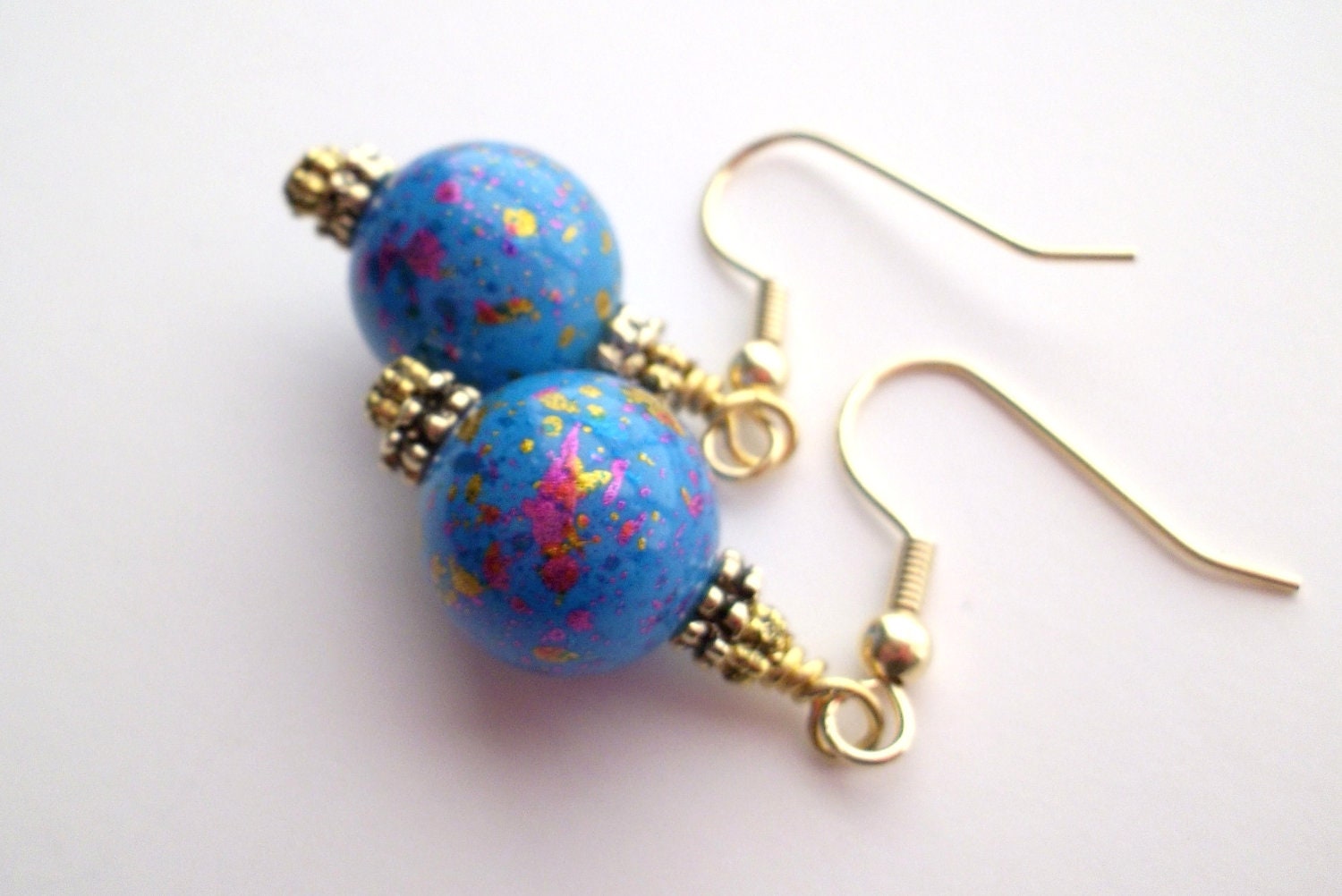 Turquoise Blue Confetti Glass Bead Dangle Earrings Goldtone Accents