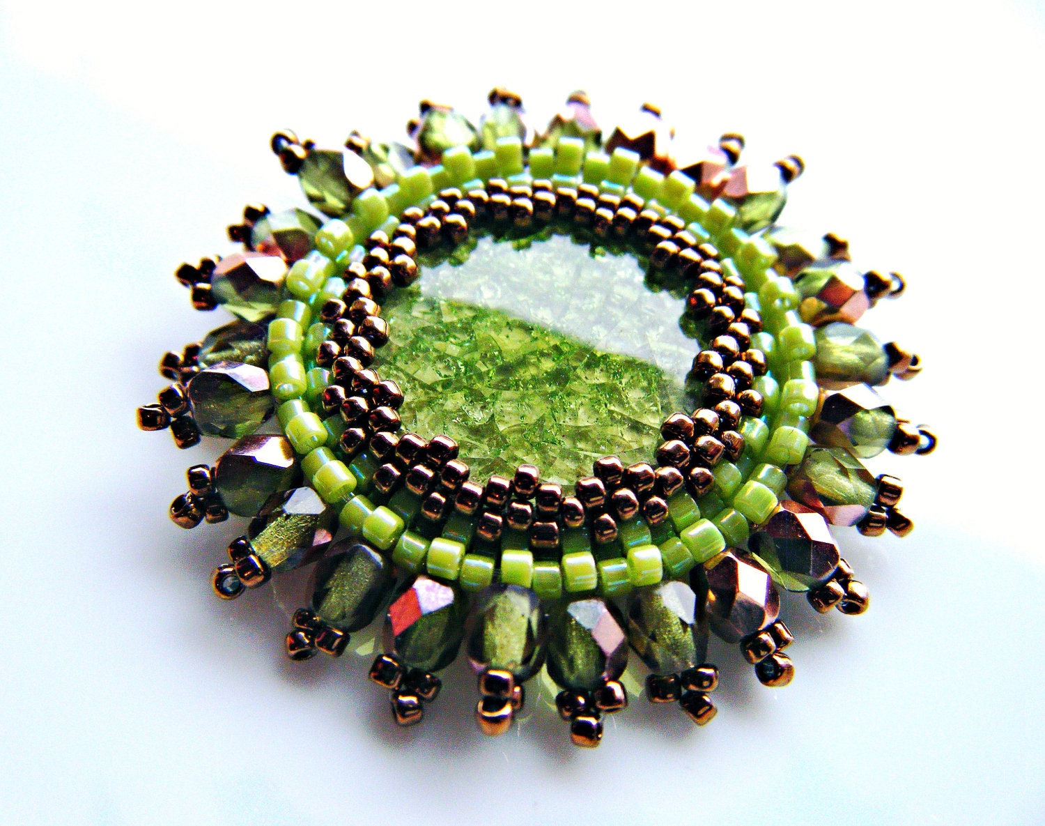 Handmade beadwork Pendant - Green Ceramic crackle cabochon - Greenflower