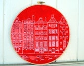 Dutch Houses Print - White on Red - Stretched in Hoop