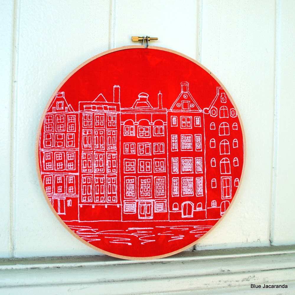 Dutch Houses Print - White on Red - Stretched in Hoop
