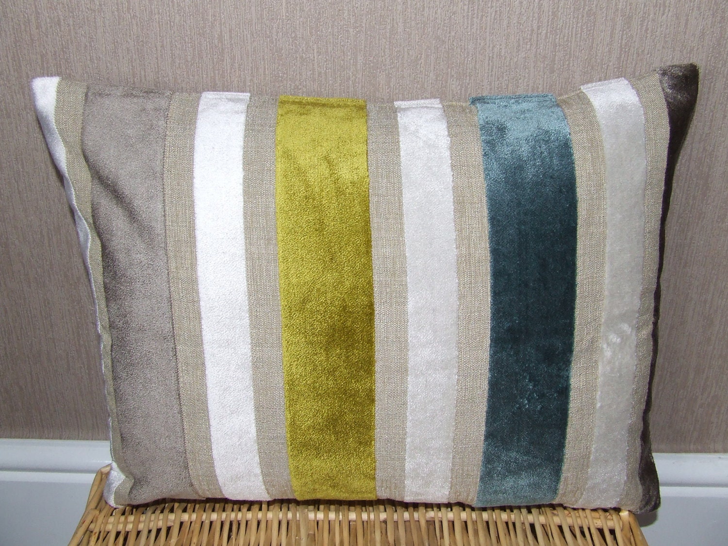 16" x 12" Handmade contemporary, modern,brown, cream, duck egg, pistachio striped, cushion cover, pillow, pillow case, scatter cushion.