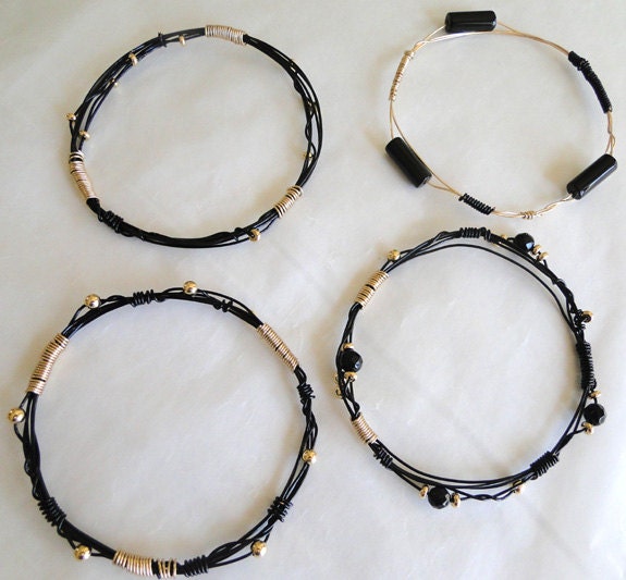 Stackable, Bangle bracelet, unisex, gold, black, wire wrap bracelet, handmade - PachamamaLove