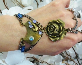 Bird Rose Slave Bracelet Ring. Mercury Mist, Bronze Chain Hand painted flowers Bracelet Ring. Beaded Floral. Sized